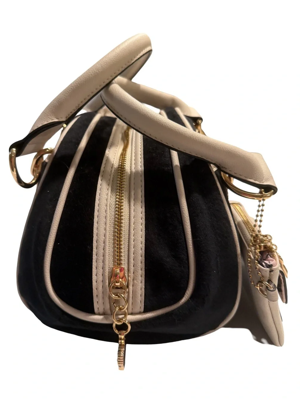 Juicy Couture NWT Classic Juicy Black Velour & Cream Satchel with Pink Logo P239